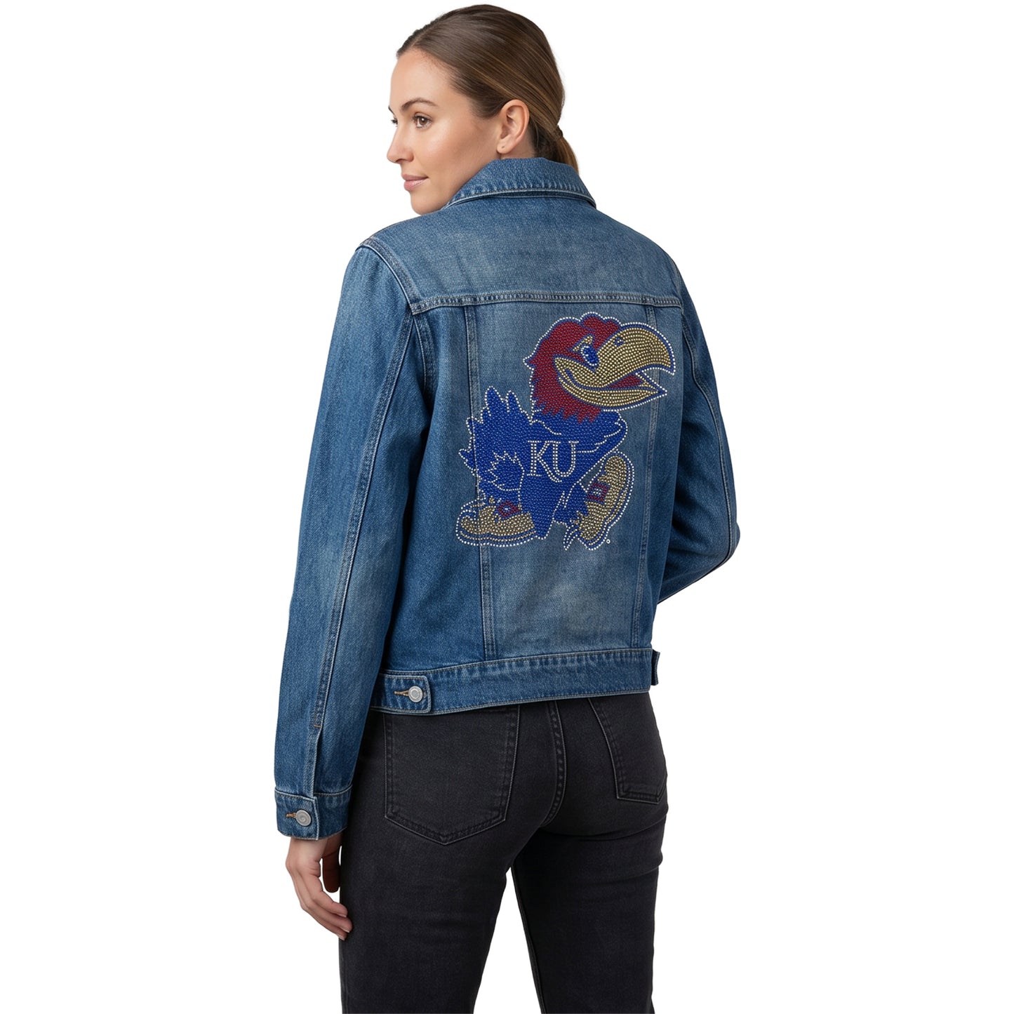 University of Kansas Jayhawk Women's Blue Denim Rhinestone Logo Jacket
