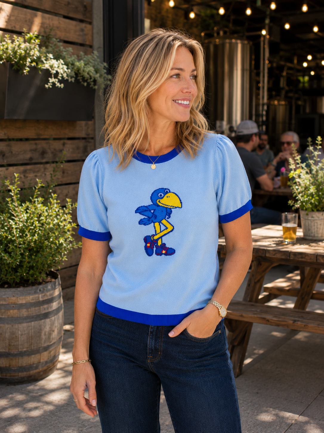 Newport Knits Women's Kansas 1912 Jayhawk Short Sleeve Sweater - Light Blue