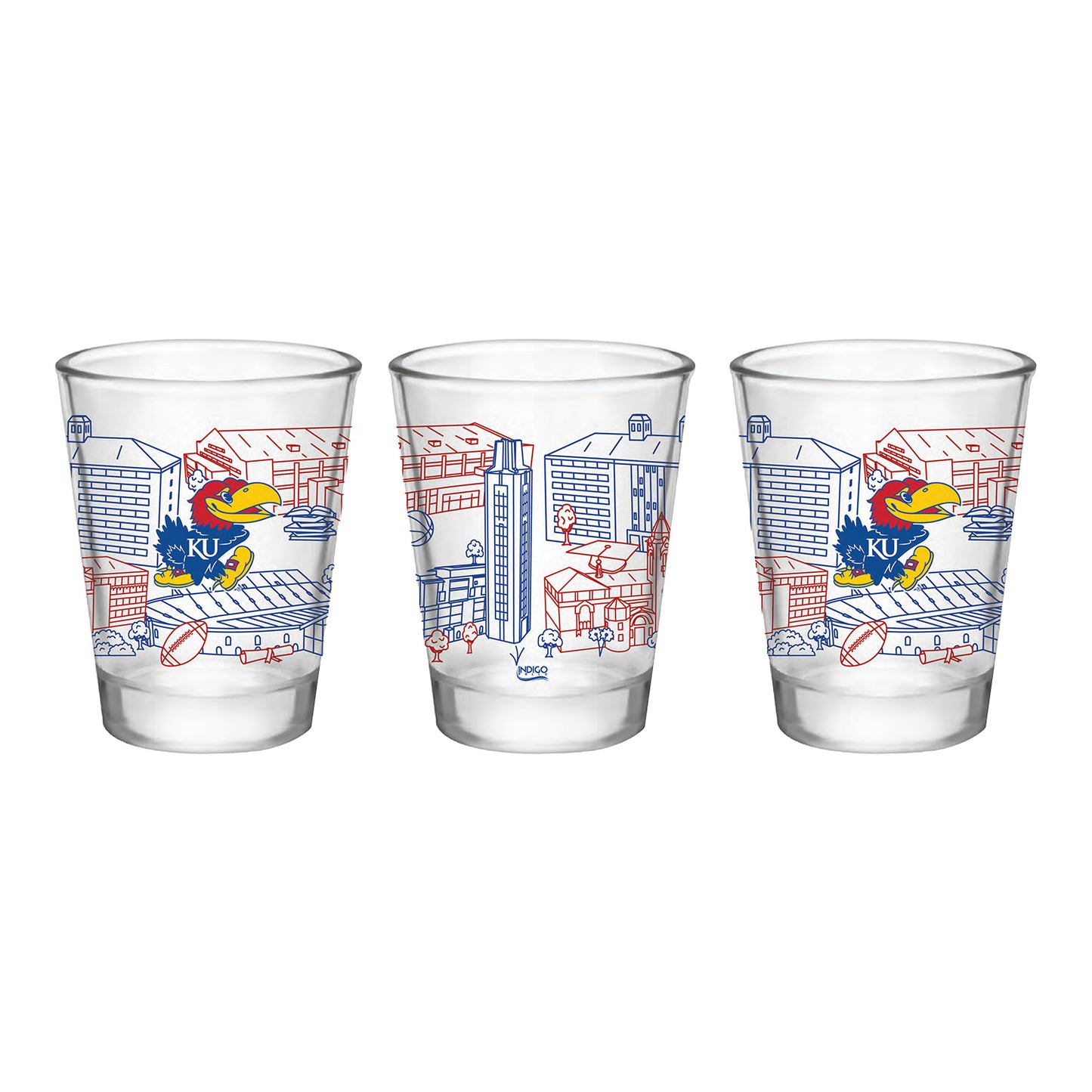 Indigo Falls Kansas Jayhawks Campus Buildings Shot Glass