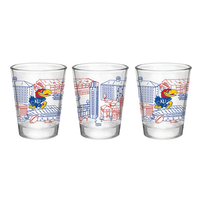Indigo Falls Kansas Jayhawks Campus Buildings Shot Glass