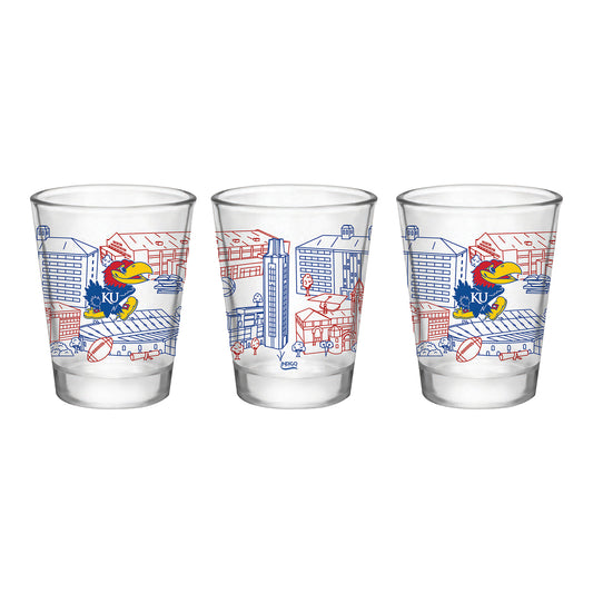 Indigo Falls Kansas Jayhawks Campus Buildings Shot Glass