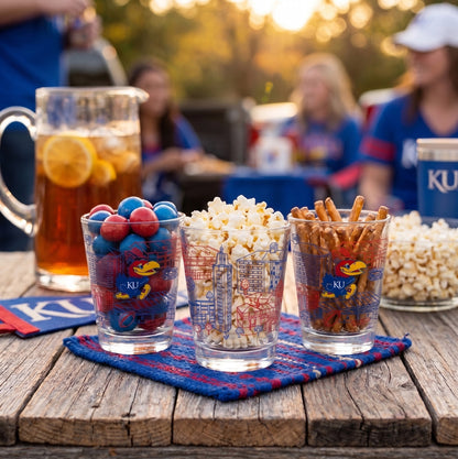 Indigo Falls Kansas Jayhawks Campus Buildings Shot Glass