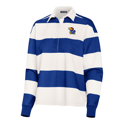 Antigua Kansas Jayhawks Ladies Banner Rugby Long Sleeve Blue/White Polo