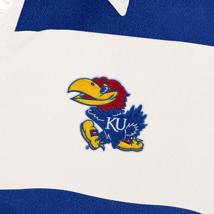 Antigua Kansas Jayhawks Ladies Banner Rugby Long Sleeve Blue/White Polo