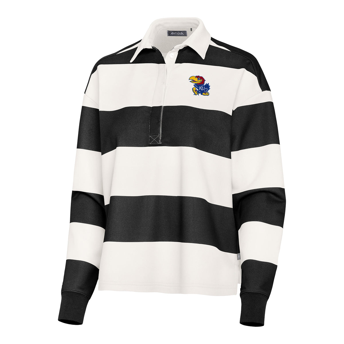 Antigua Kansas Jayhawks Ladies Banner Rugby Long Sleeve Black/White Polo