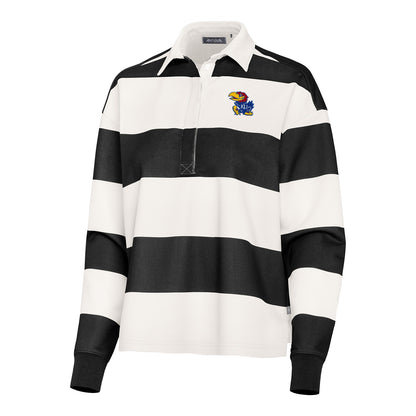 Antigua Kansas Jayhawks Ladies Banner Rugby Long Sleeve Black/White Polo