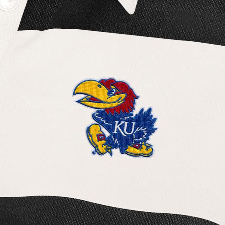 Antigua Kansas Jayhawks Ladies Banner Rugby Long Sleeve Black/White Polo