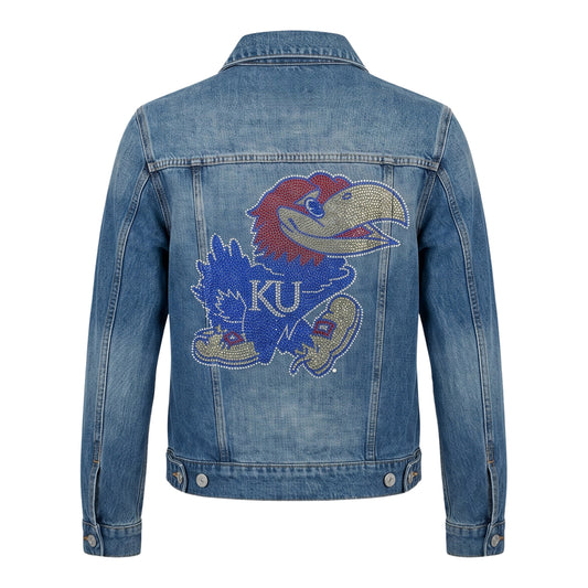 University of Kansas Jayhawk Women's Blue Denim Rhinestone Logo Jacket