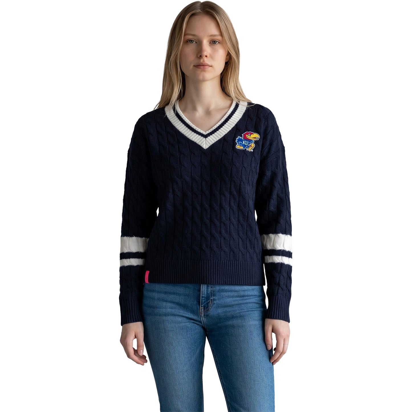 Lusso Women's Kansas Jayhawks Striped Sleeve Sweater