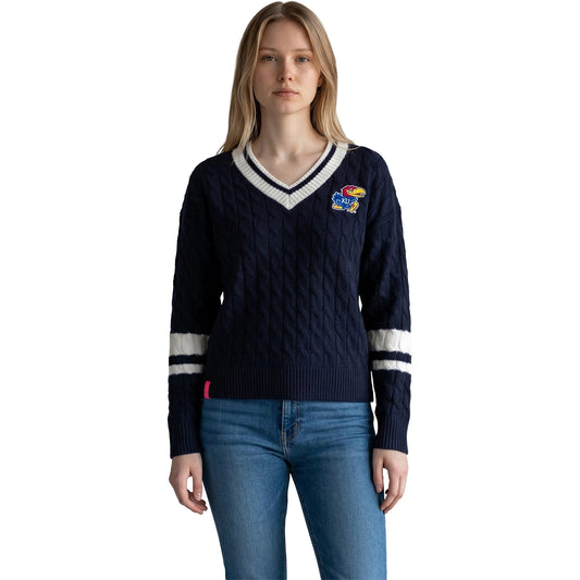 Lusso Women's Kansas Jayhawks Striped Sleeve Sweater