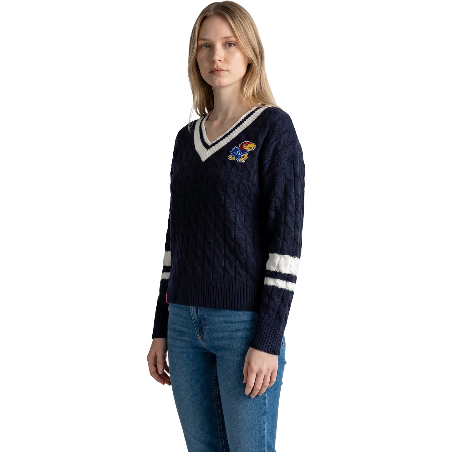 Lusso Women's Kansas Jayhawks Striped Sleeve Sweater