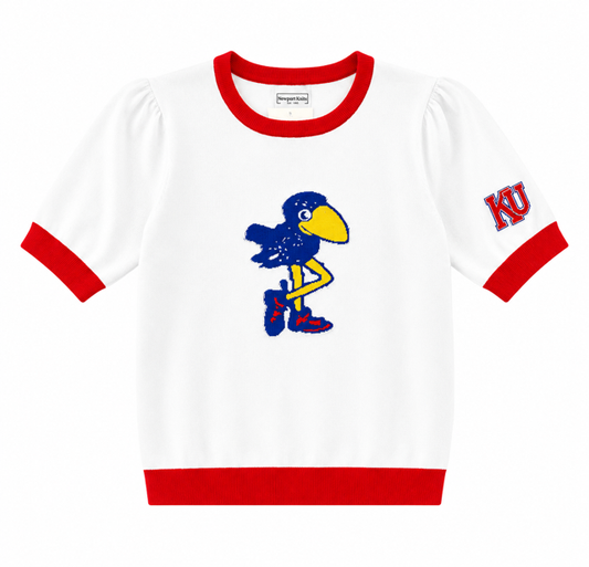 Newport Knits Women's Kansas 1912 Jayhawk Short Sleeve Sweater - White