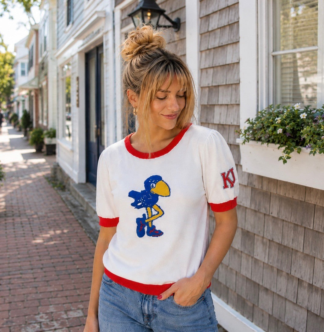 Newport Knits Women's Kansas 1912 Jayhawk Short Sleeve Sweater - White
