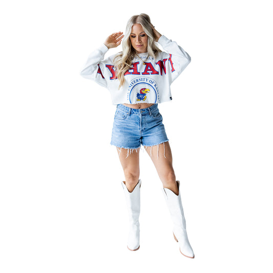 Gameday Social Women's Kansas Jayhawks Soft Cropped Split Sleeve Crewneck