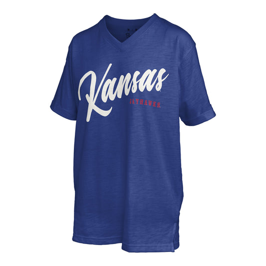 Pressbox Women's Kansas Jayhawks Script V-neck T-shirt