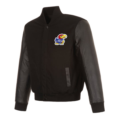 JH Design Kansas Jayhawks Reversible Wool and Leather Jacket