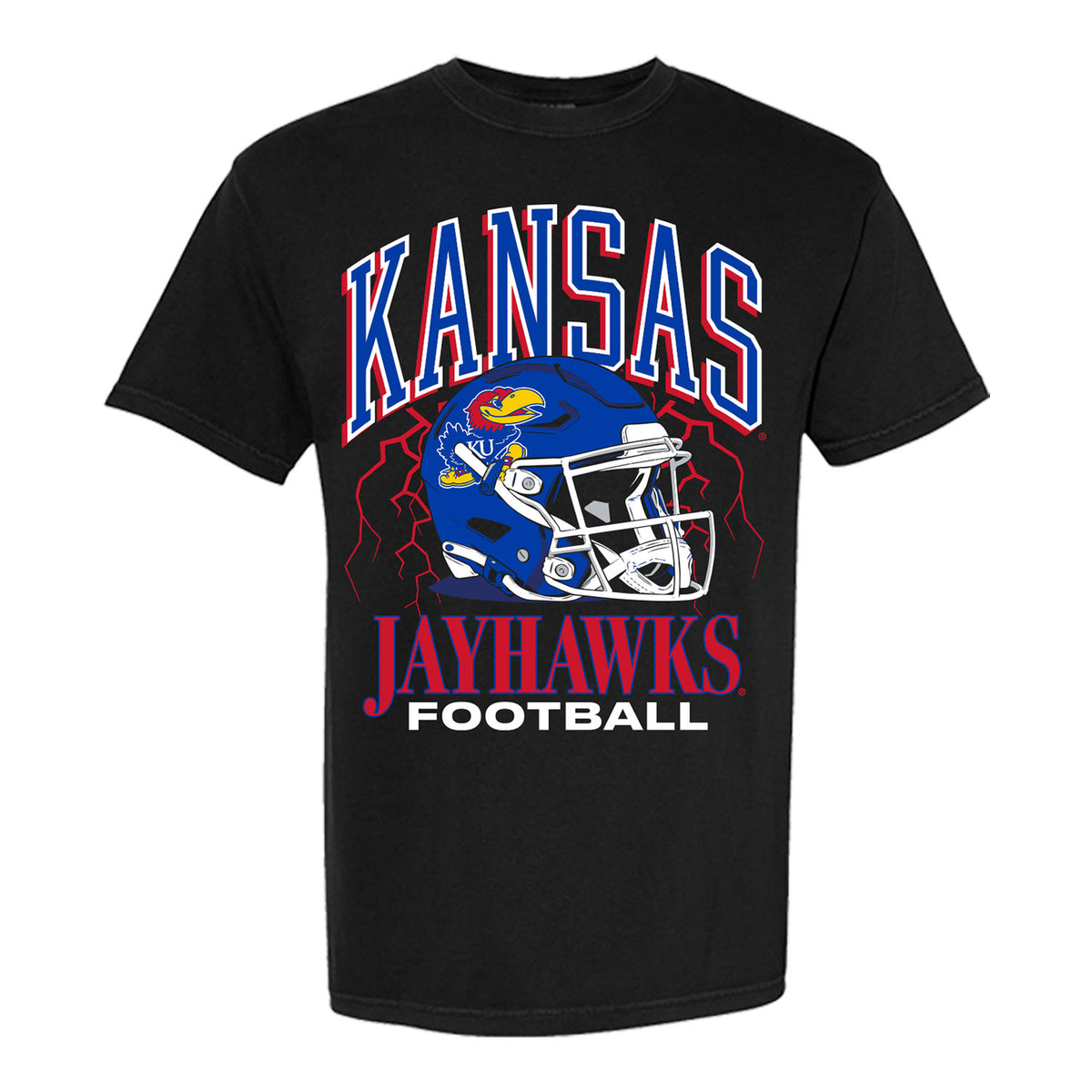 Something Inked Kansas Jayhawks Football Lightning Helmet Black T-Shirt
